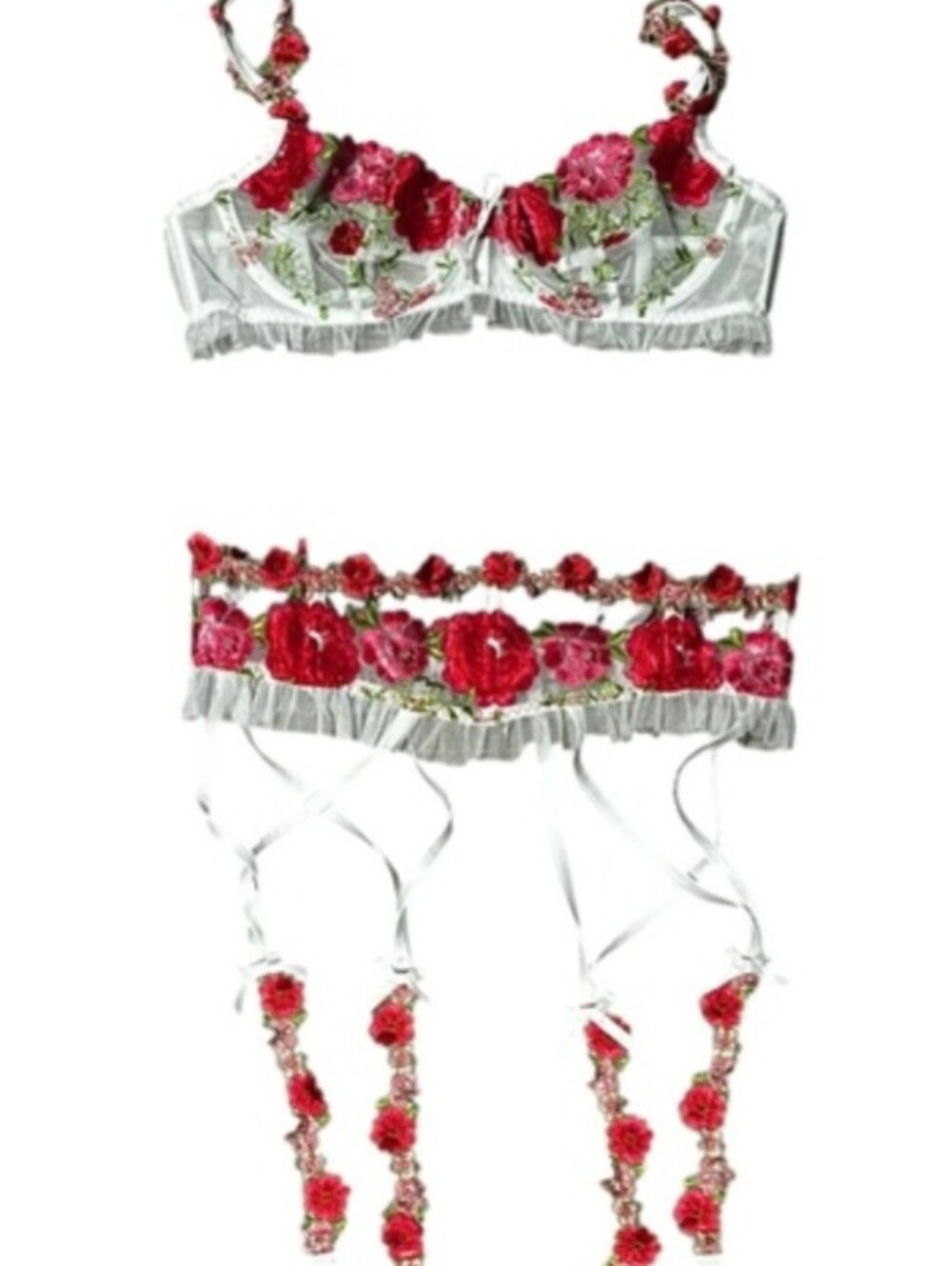 For Love and Lemons Red & White Floral Embroidered Bra and Garter Set